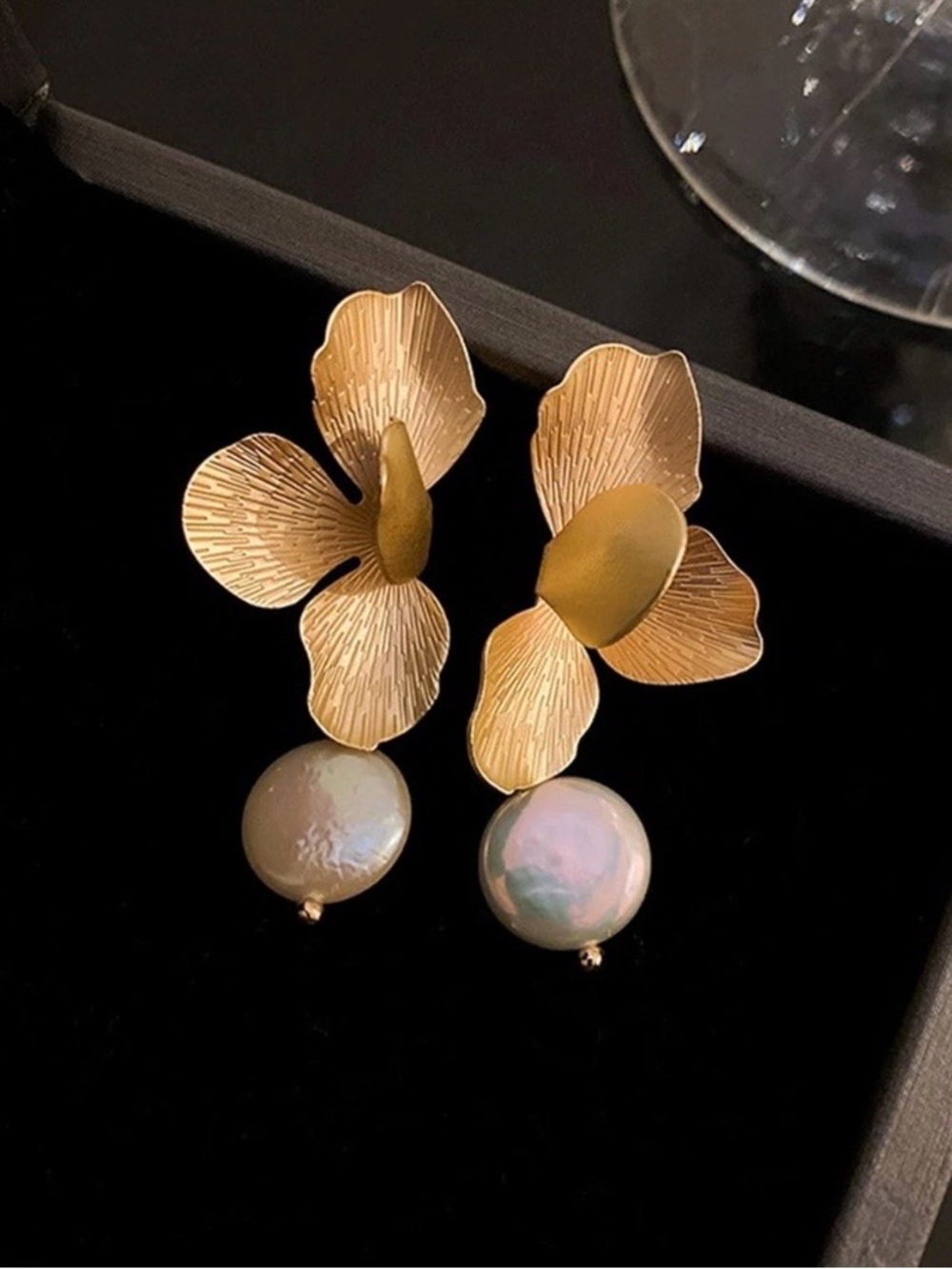 Gold Flower Drop Earrings with Baroque Pearl Accent NWT